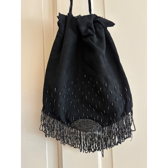 Unbranded Handbags - Vintage Black Satin Beaded Fringe Drawstring Pouch Evening Bag Flapper Gatsby